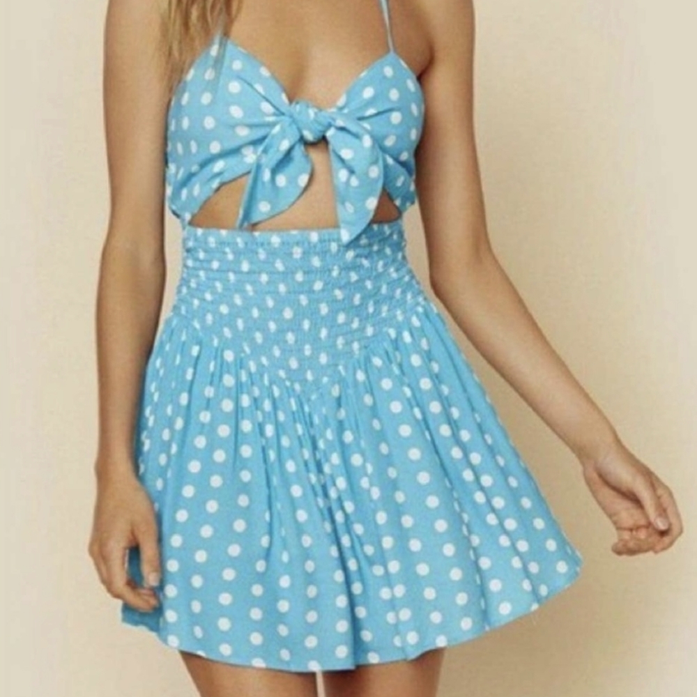 Sky blue polka dot Earth Angel halter dress